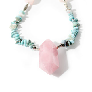 Rose Quartz & Larimar Chip Mala w/ Rose Quartz DT Point - 8mm - 93 Beads from Stonebridge Imports