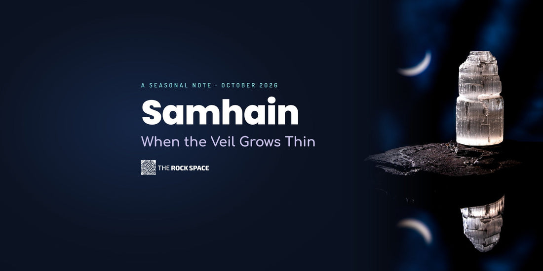 Samhain: When the Veil Grows Thin — a selenite tower under a crescent moon, The Rock Space