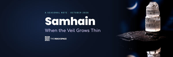 Samhain: When the Veil Grows Thin — a selenite tower under a crescent moon, The Rock Space