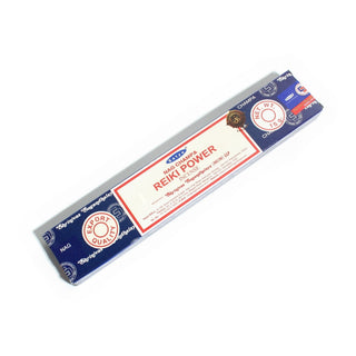 Reiki Power Satya Incense Sticks 15g, the navy blue Nag Champa box with its cream and red Reiki Power label, photographed on a clean white background. Stonebridge Imports.