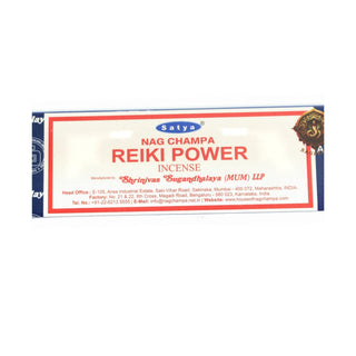 Close-up of the Satya Reiki Power incense box label, showing the Nag Champa Reiki Power wording and the 15g net weight seal, on a clean white background. Stonebridge Imports.