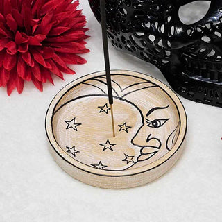 Round Wood Incense Holder - WHITE WASH MOON    from Stonebridge Imports