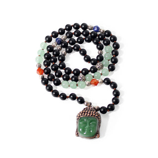 Onyx Black Matte Mala w/ Green Aventurine Buddha Head - 8mm - 82 Beads from Stonebridge Imports