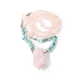 Rose Quartz & Larimar Chip Mala w/ Rose Quartz DT Point - 8mm - 93 Beads from Stonebridge Imports