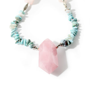Rose Quartz & Larimar Chip Mala w/ Rose Quartz DT Point - 8mm - 93 Beads from The Rock Space