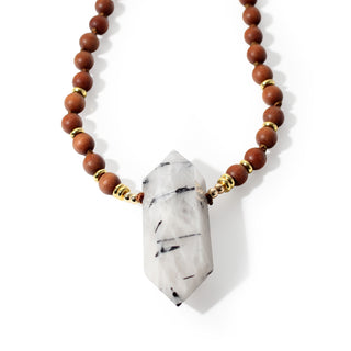 Sandalwood Mala w/ Tourmalinated Quartz DT Point - 8mm - 108 Beads from The Rock Space