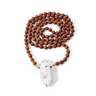 Sandalwood Mala w/ Tourmalinated Quartz DT Point - 8mm - 108 Beads from The Rock Space