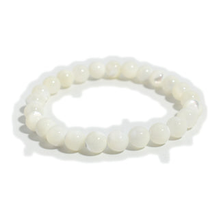 Shell White Round Bracelet - 8mm viewed from above, the full ring of round white shell beads on its stretch cord, on a clean white background. Stonebridge Imports.
