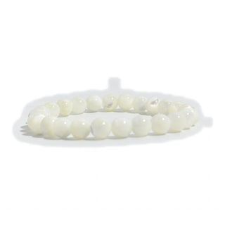 Shell White Round Bracelet - 8mm seen edge on, showing the creamy banding and lustre of the polished shell beads, on a clean white background. Stonebridge Imports.