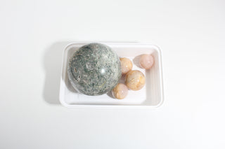 Green Moss Agate, Rose Quartz Sphere OTT Bundle from Stonebridge Imports