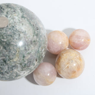 Green Moss Agate, Rose Quartz Sphere OTT Bundle from Stonebridge Imports