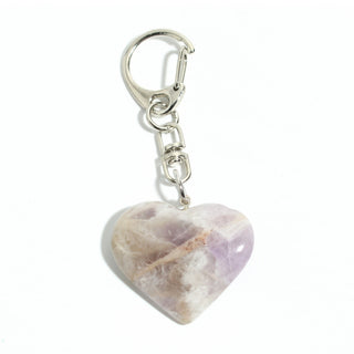 Amethyst Chevron Heart Charm - Pack of 5 - a single polished banded chevron amethyst heart from the pack on its silver-tone swivel clasp and keyring, photographed on a clean white background. Stonebridge Imports.