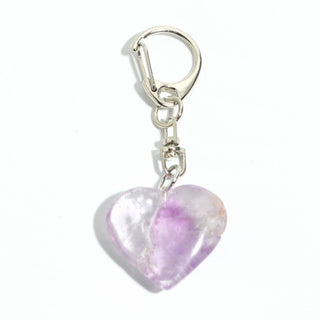 Amethyst Heart Charm - Pack of 5 - a single polished pale lilac amethyst heart from the pack on its silver-tone swivel clasp and keyring, photographed on a clean white background. Stonebridge Imports.