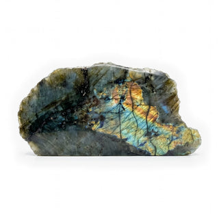 Labradorite Polished Face Cut Base Unique #1 under directional light, with gold, orange and teal flash blazing across the dark stone, on a clean white background. Stonebridge Imports.