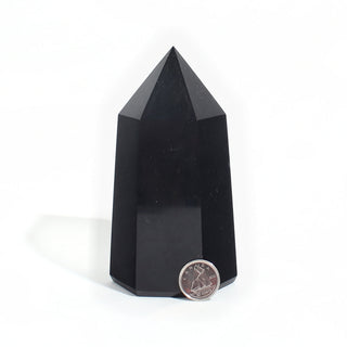 Black Obsidian Generator Unique #12 — polished six-sided tower with a faceted point, beside a Canadian dime for scale, photographed on a clean white background. Stonebridge Imports.