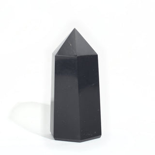 Black Obsidian Generator Unique #13 — polished six-sided tower with a faceted point, seen from a second angle, photographed on a clean white background. Stonebridge Imports.