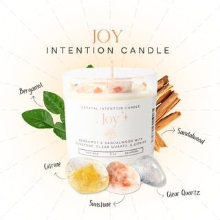 Labels point to tumbled citrine, sunstone, and quartz beside a soy intention candle in a clear glass jar on a white graphic background. Stonebridge Imports.