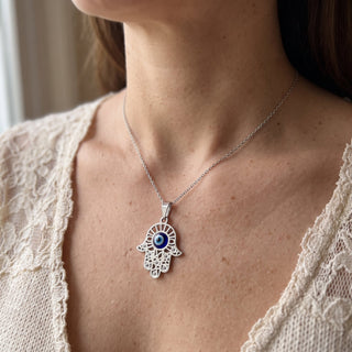 925 Silver Hamsa Hand and Evil Eye Necklace from Stonebridge Imports