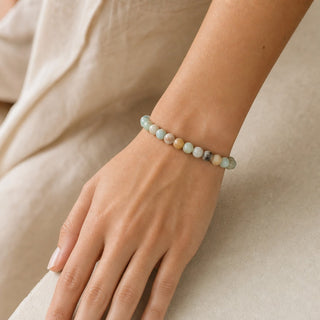 Mixed Amazonite bead bracelet worn on the wrist, close-up