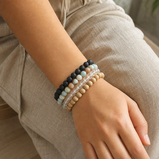 Mixed Amazonite bead bracelet stacked with other bead bracelets on the wrist