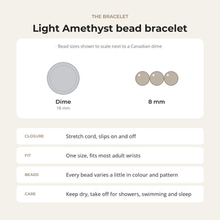 Light Amethyst bead bracelet card: bead sizes shown next to a Canadian dime, closure, fit and care
