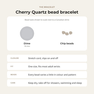 Cherry Quartz bead bracelet card: bead sizes shown next to a Canadian dime, closure, fit and care