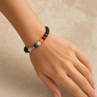 Lava Chakra bead bracelet worn on the wrist, close-up