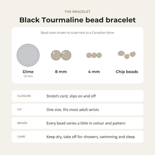 Black Tourmaline bead bracelet card: bead sizes shown next to a Canadian dime, closure, fit and care
