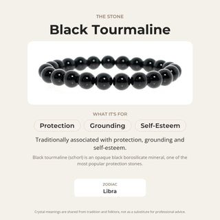 Black Tourmaline stone card: what it is traditionally associated with, chakra and zodiac