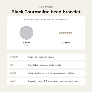Black Tourmaline bead bracelet card: bead sizes shown next to a Canadian dime, closure, fit and care