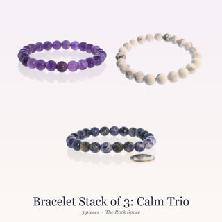 Bracelet Stack of 3: Calm Trio: Amethyst Bead Bracelet, Howlite White Bead Bracelet, Sodalite Bracelet