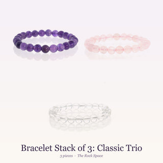 Bracelet Stack of 3: Classic Trio: Amethyst Bead Bracelet, Rose Quartz Bead Bracelet, Clear Quartz Bead Bracelet