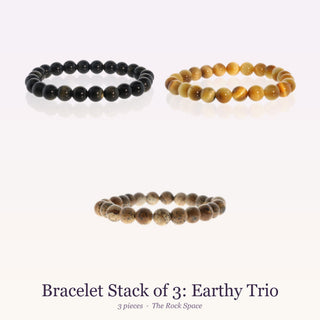 Bracelet Stack of 3: Earthy Trio: Obsidian Bead Bracelet, Gold Tiger's Eye Bead Bracelet, Picture Jasper Bracelet