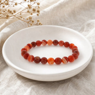 Banded Carnelian bead bracelet, lifestyle photo