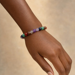 Seven Chakra bead bracelet worn on the wrist, close-up