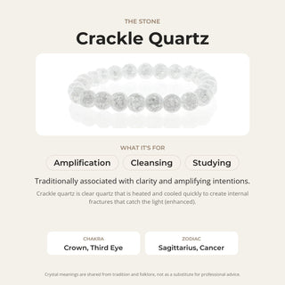 Crackle Quartz stone card: what it is traditionally associated with, chakra and zodiac