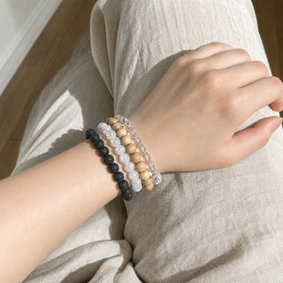 Crackle Quartz bead bracelet stacked with other bead bracelets on the wrist