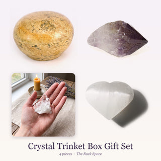 Crystal Trinket Box Gift Set: Soapstone Trinket Box - Round Top Varnished 3", Amethyst Crystal Point E #1 - 1 7/8-2 1/2", Clear Quartz 'A' Cluster, Selenite Heart #4 - 1 3/4" to 2 3/4"