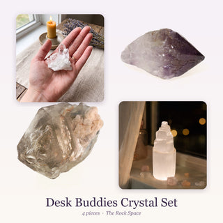 Desk Buddies Crystal Set: Clear Quartz 'A' Cluster, Amethyst Crystal Point E #1 - 1 7/8-2 1/2", Smoky Quartz Elestial Cluster #2 - 1 1/2" to 2 1/2", Selenite Tower - Small