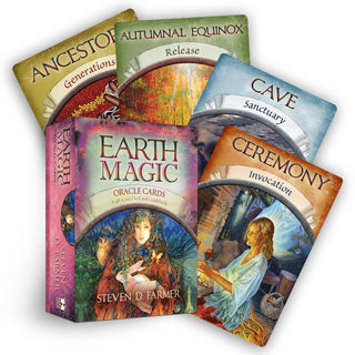 Earth Magic Oracle Cards by Steven D. Farmer — box with a fan of five cards