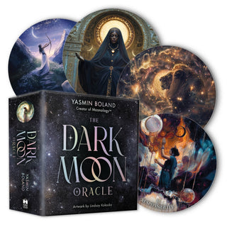 The Dark Moon Oracle by Yasmin Boland — box with a fan of circular cards
