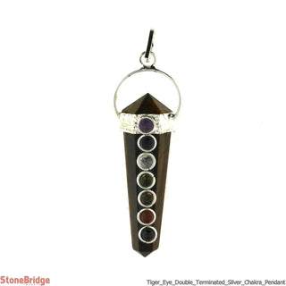Tiger's Eye Double Point with Chakra Stones - Silver Plated Pendant    from The Rock Space
