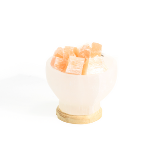 Selenite Lamp Bowl with Orange Chips - 6"    from The Rock Space