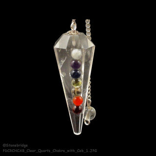 Clear Quartz Pointed Pendulum with Chakra cabochons    from The Rock Space