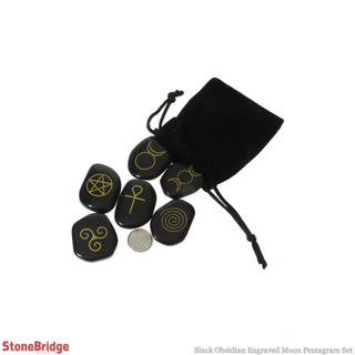 Black Obsidian Engraved Moon Pentagram Set - 1" to 2"    from The Rock Space