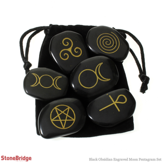 Black Obsidian Engraved Moon Pentagram Set - 1" to 2"    from The Rock Space