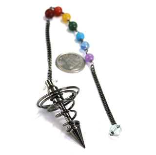 Metal Pendulum - Black Colour Spiral Point with Chakra Beads on Chain - 1 1/4"    from The Rock Space