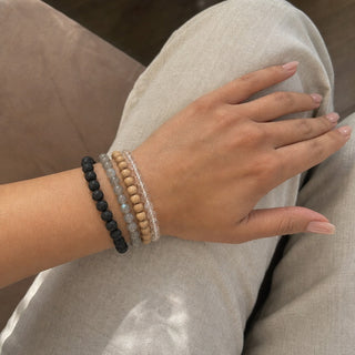 Labradorite bead bracelet stacked with other bead bracelets on the wrist