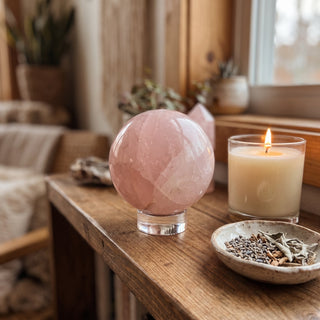 Rose Quartz Sphere U#12 - 3 1/2" displayed in a warm natural home setting, shown at true size.