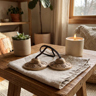 Tingshas - Large displayed in a warm natural home setting, shown at true size.